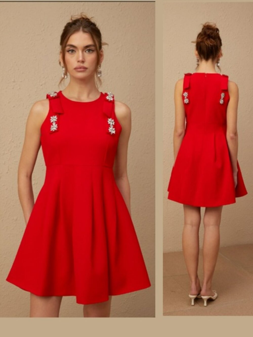 NWT Miss Rosier Red Crystal Bow Strap Mini Dress Tag Sz L, US Sz S